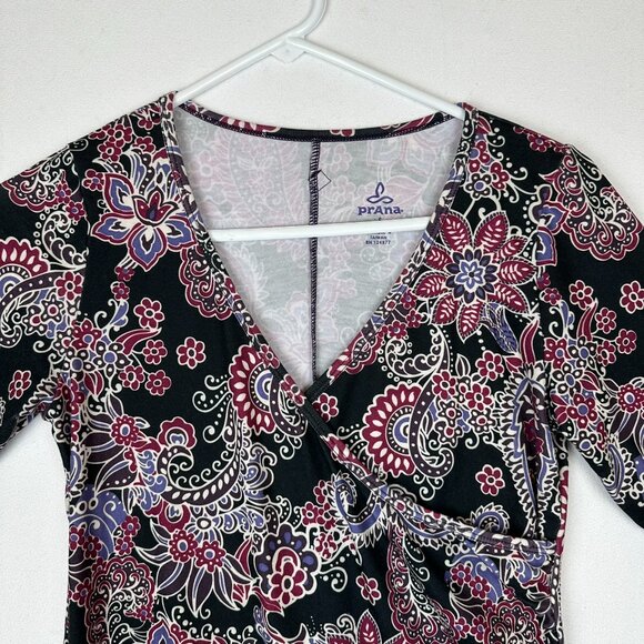 Prana "Nadia" Faux Wrap Floral Paisley V Neck Dress Athleisure Stretch - Picture 2 of 6